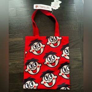 Red Cartoon Face Canvas Tote Bag — Playful Everyday Shoulder Tote
